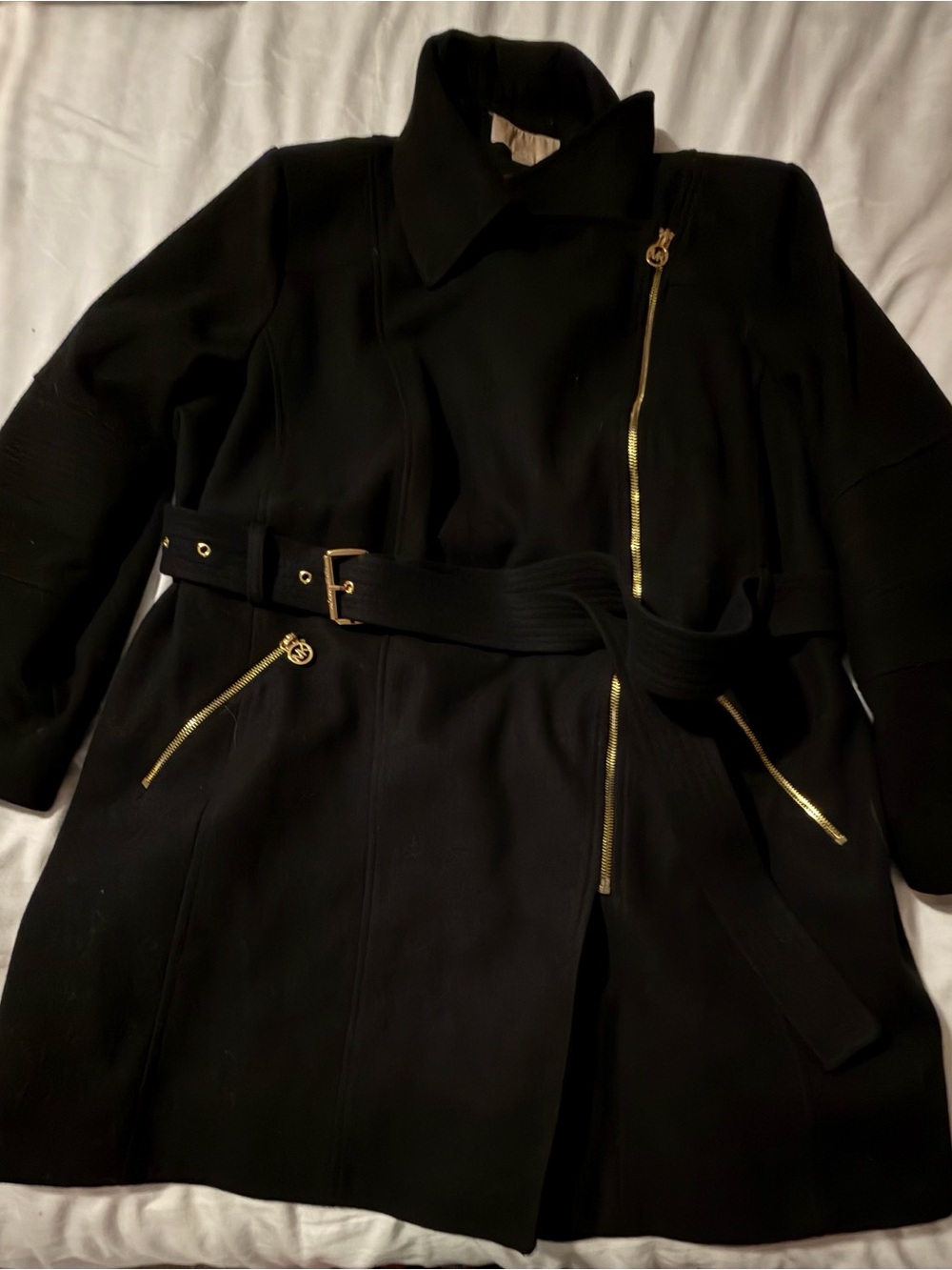 MICHAEL Michael Kors Black Trench Coat with Gold Zippers
